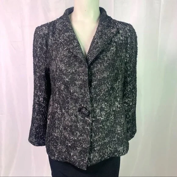 EILEEN FISHER BLACK METALLIC BLAZER SINGLE BREAST WOMEN  WOOL BLAZER SIZE SMALL - Picture 2 of 11